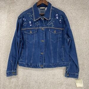 NWT‎ Lizwear Hand Embroidered Jean Jacket XL Bomber Floral Boho Cottage Core